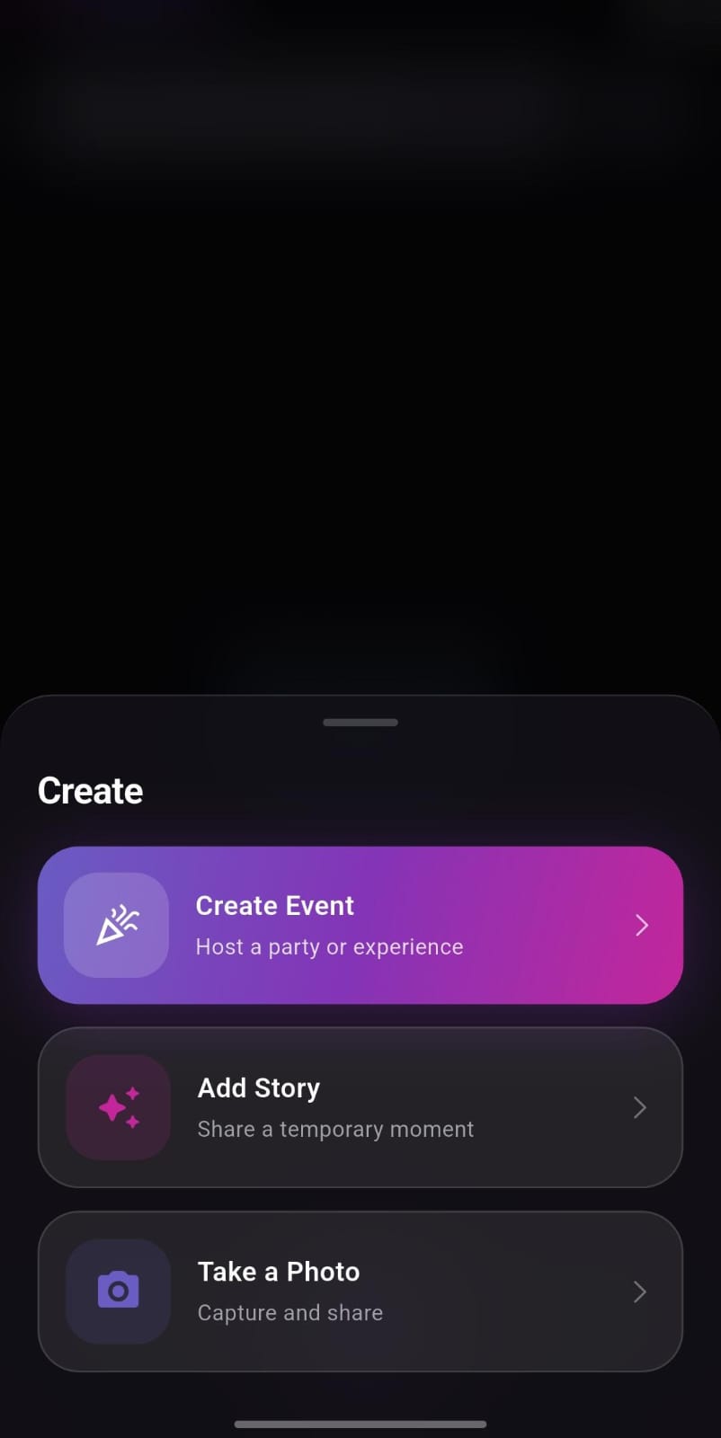 DinnTRO app Create menu with the Create Event option: host a party or experience